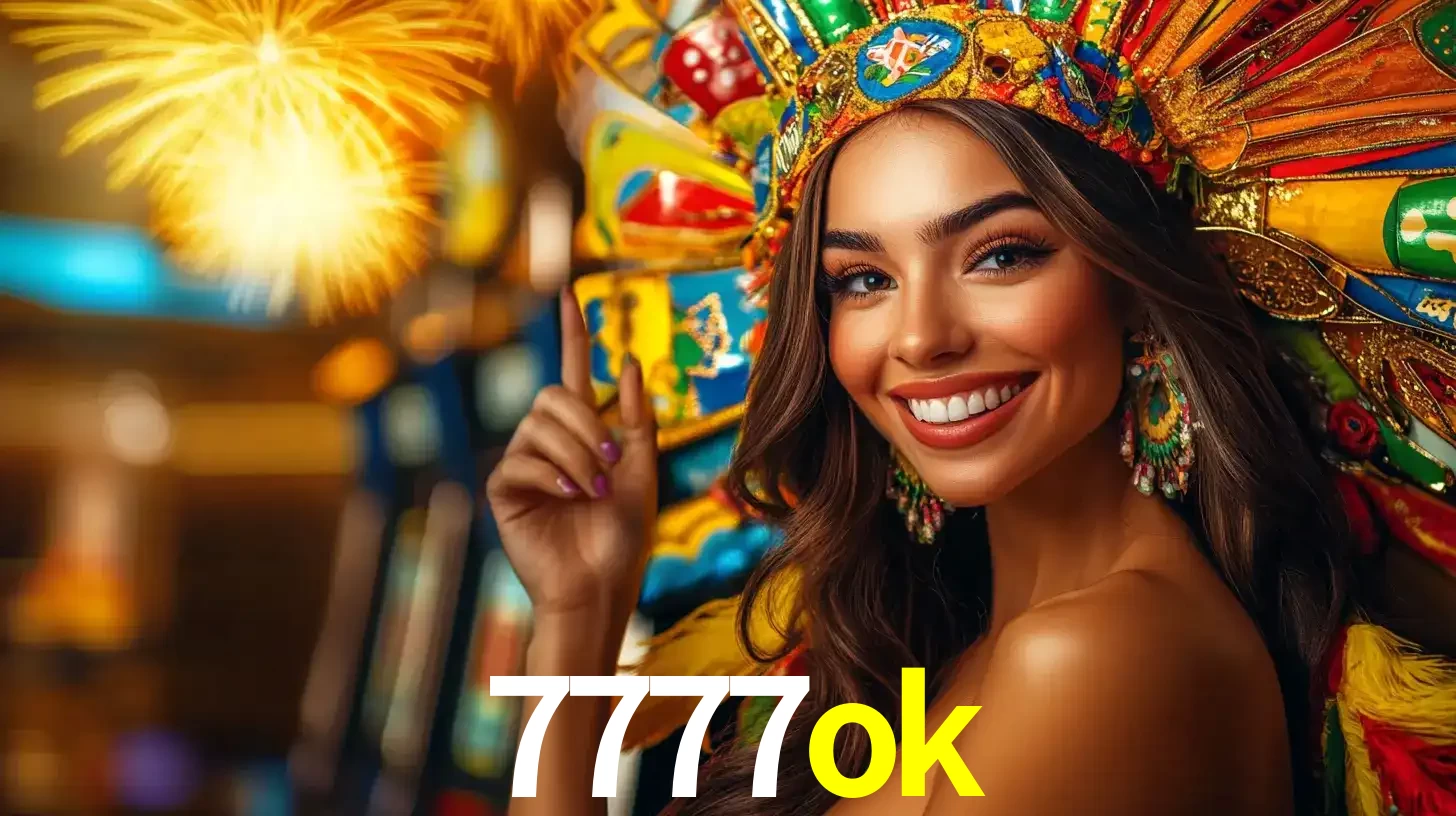 Mulher sorridente com um cocar de carnaval vibrante e colorido, celebrando uma grande vitória nos jogos do cassino 7777ok com fogos de artifício ao fundo.