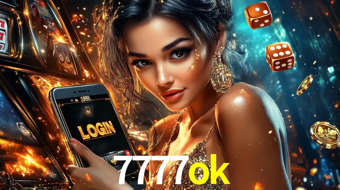 Mulher glamourosa segurando um celular com a tela de login do cassino 7777ok, rodeada por dados e moedas douradas, pronta para começar a diversão.