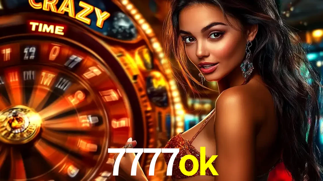 Mulher ao lado da roda de prêmios do jogo de cassino ao vivo Crazy Time, um dos shows de jogos mais emocionantes oferecidos pela plataforma de apostas 7777ok.