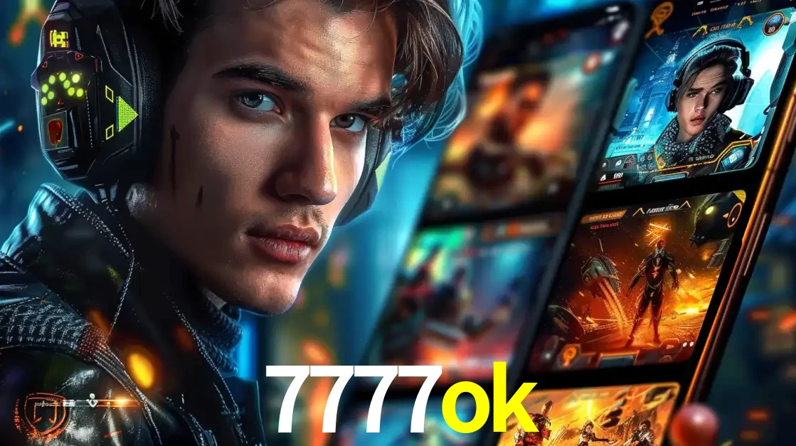 Jovem jogador com fones de ouvido olhando para a câmera, com um aplicativo de jogos e e-sports para celular ao fundo, pronto para a competição e apostas no 7777ok.