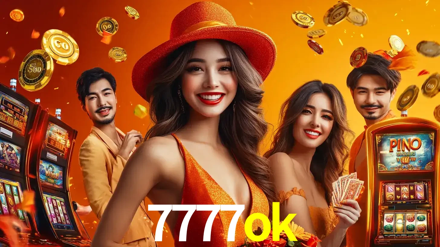 Grupo de amigos asiáticos sorrindo e se divertindo com máquinas de caça-níqueis em um ambiente festivo, celebrando suas vitórias nos jogos de cassino do 7777ok.