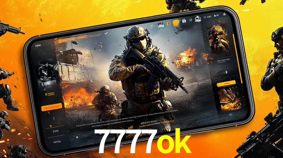 Um smartphone exibindo a interface de um jogo de tiro em primeira pessoa, com um soldado em um cenário de batalha, representando a ação dos e-sports para apostar no 7777ok.