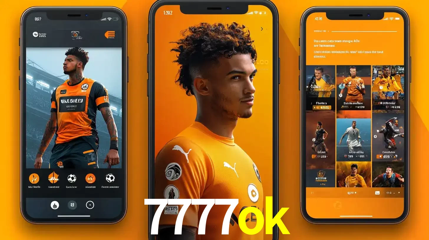 Interface do aplicativo de apostas esportivas 7777ok em três telas de celular, mostrando o perfil de um jogador de futebol e a lista de jogos disponíveis para apostar.
