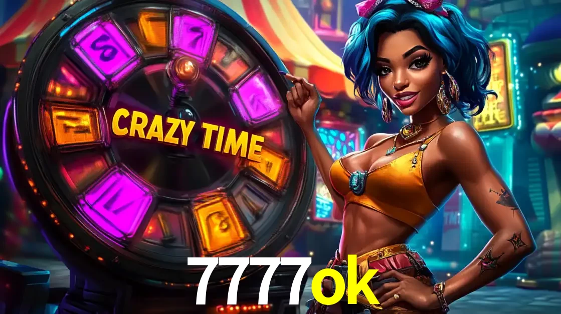 Mulher estilizada com cabelo azul e visual vibrante posando ao lado da roda de prêmios do game show Crazy Time, convidando para a diversão e os bônus do cassino 7777ok.