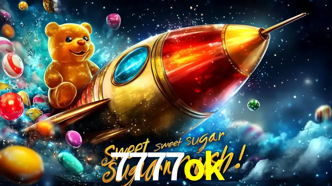 Arte promocional do jogo de slot Sugar Rush, com um urso de pelúcia em um foguete viajando pelo espaço de doces, um dos jogos divertidos disponíveis no cassino 7777ok.