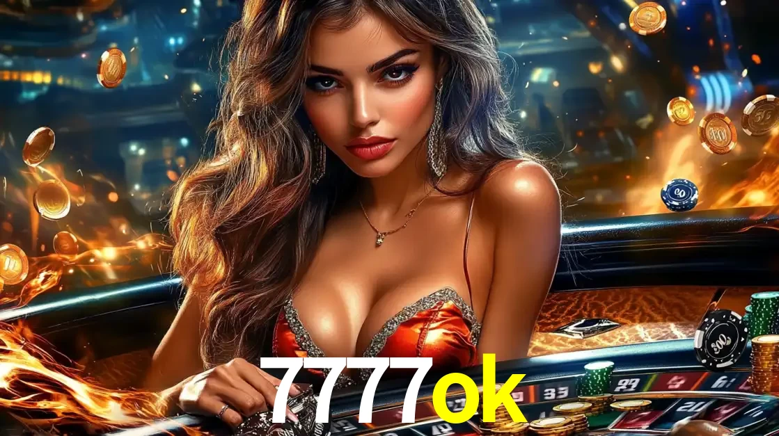 Mulher glamourosa em uma mesa de roleta com um fundo de chamas e moedas voadoras, pronta para fazer sua aposta e ganhar grandes prêmios no cassino ao vivo 7777ok.