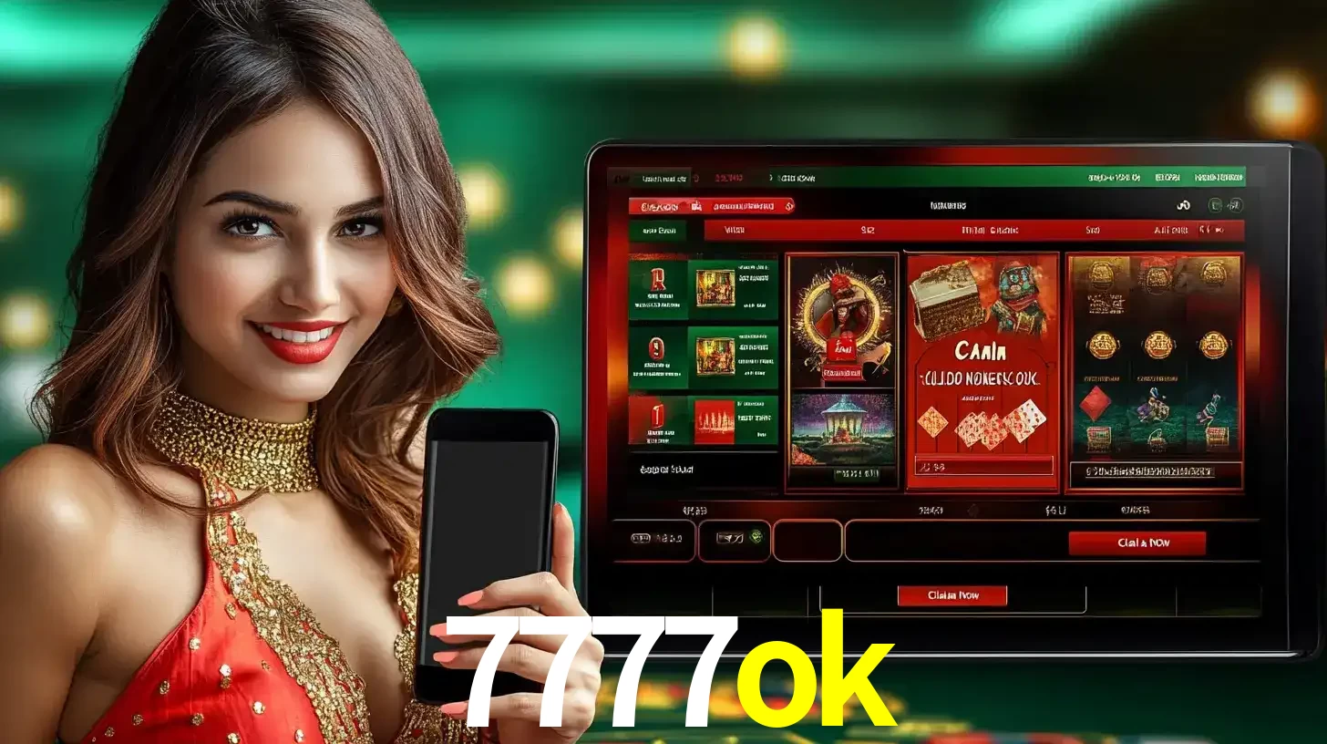Mulher sorridente segurando um smartphone, ao lado de uma tela exibindo o lobby de jogos do cassino online 7777ok, com várias opções de jogos de cartas e slots.
